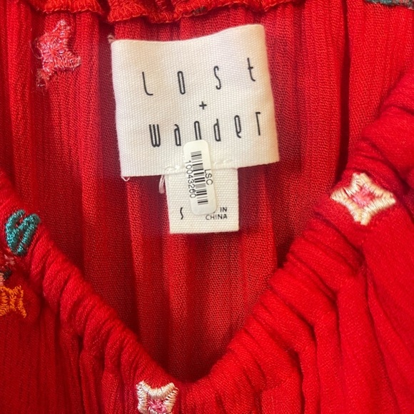 Small Red Floral Embroidered Lost + Wander Off the Shoulder Midi Dress - Picture 5 of 8